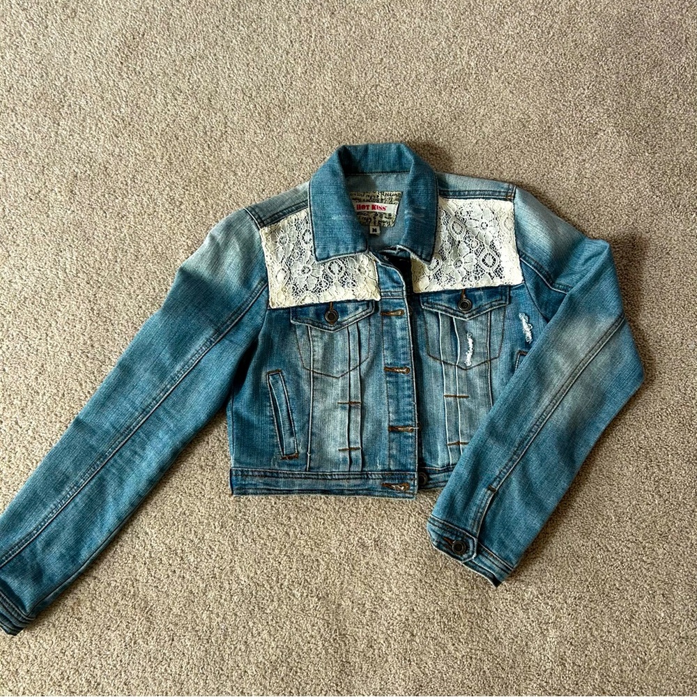 Hot Kiss Womens Size M Jacket Jean Cropped Distressed Denim Lace Stretch Y2K